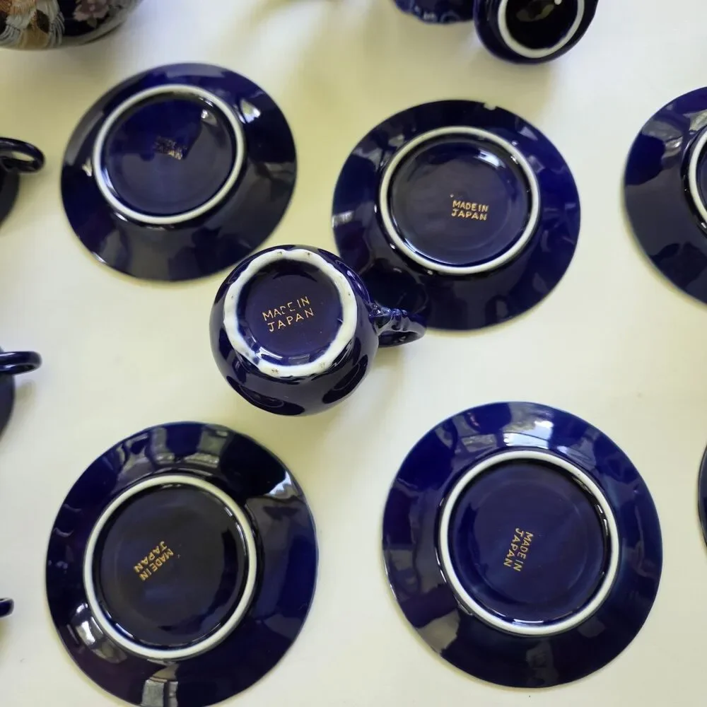 Vintage Hand Spray KT in Glaze Cobalt Blue Japanese 17 Pc. Tea Set 1960’s